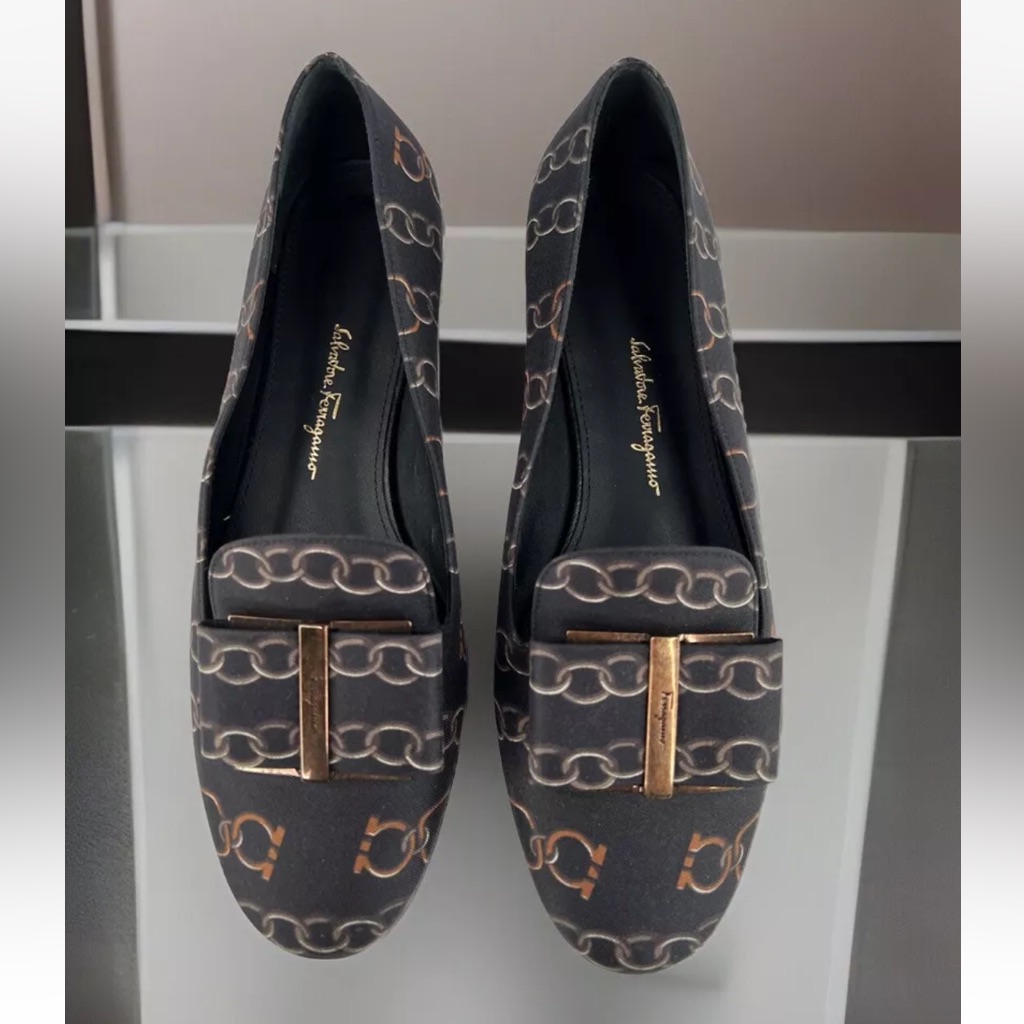 Salvatore Ferragamo Sarno Twill Chain Link Print Bow Logo Flat Loafers Us 5.5